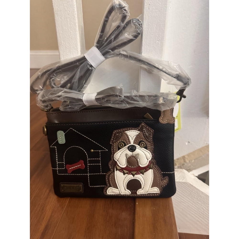 Chala Mini Crossbod Bag Pleather Small Purse Convertible BULLDOG Dog Black NWT